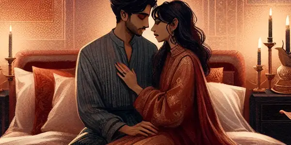 A cozy, dimly lit bedroom with a couple in a passionate embrace, surrounded by romantic decor and an open book.