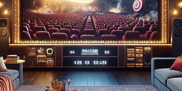 A cozy home theater with a large screen, plush seating, popcorn, and framed movie posters.