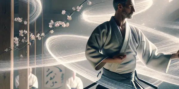 A serene dojo scene with an Aikido master demonstrating graceful movements, surrounded by focused students and traditional elements.