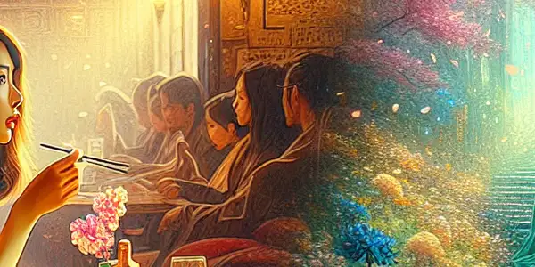 Aimi Yoshikawa in a romantic café and a mysterious garden, capturing spring's beauty and introspection.