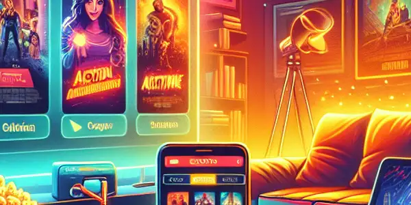 A cozy home setting featuring devices displaying a vibrant movie streaming platform with various film genres and snacks.