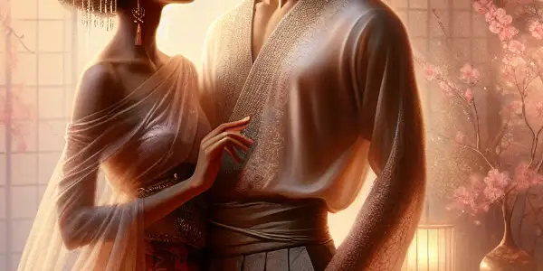 A romantic bedroom scene featuring a diverse couple in an intimate embrace, surrounded by soft lighting and traditional Japanese decor.