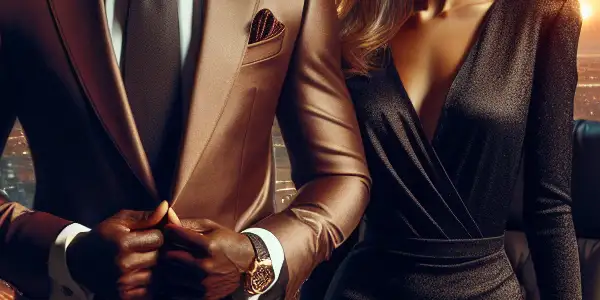 A confident CEO and an alluring woman share a charged moment in a luxurious office at sunset.