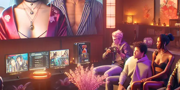 A vibrant gaming room featuring diverse animated characters engaged in a modern interactive game inspired by Japanese culture.