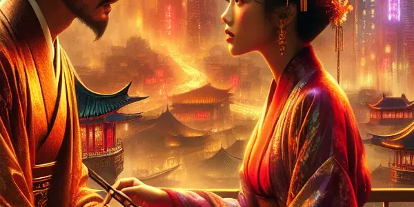 A romantic encounter between elegantly dressed characters in a lush, atmospheric setting, reflecting classic Chinese erotic cinema.