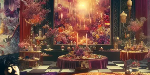 A luxurious, dream-like room filled with indulgent visuals, showcasing a person entranced by temptation and escapism.
