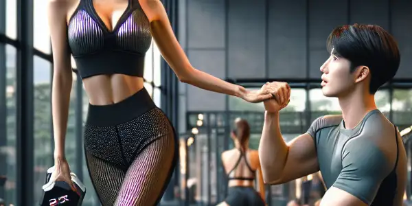 A fit South Korean female fitness instructor demonstrating an exercise in a modern gym with natural light and greenery.