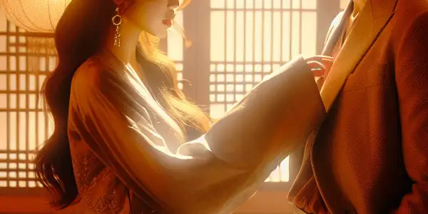A romantic scene in a softly lit Korean room with a couple sharing a passionate moment.