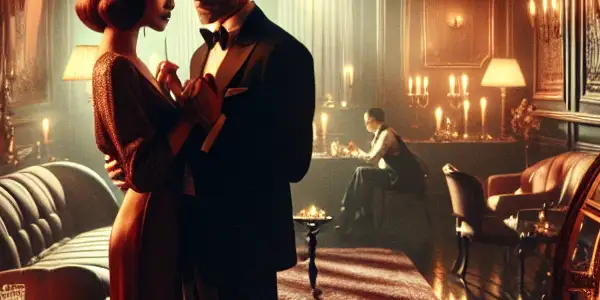 A couple shares an intimate moment in a dimly-lit, plush room filled with romantic elements and vintage film decor.