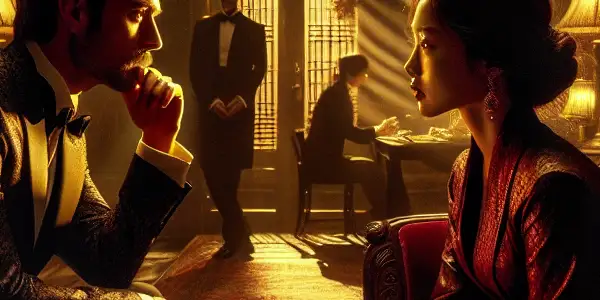 A couple shares a tense, intimate moment in a dimly lit, elegant room filled with rich textures.