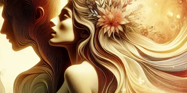 A romantic summer scene of two diverse characters in an intimate embrace, surrounded by lush greenery and blooming flowers.