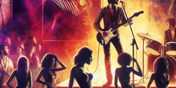 A passionate rock concert scene with a charismatic musician, captivated audience, and hints of intimacy and sensuality.