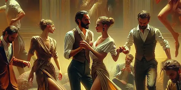 A diverse group of elegantly dressed figures in a dimly lit European interior, engaged in intimate interactions.