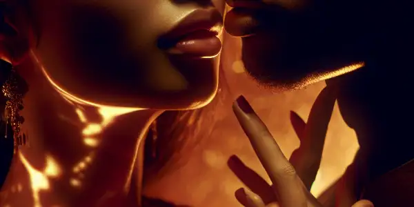 A couple sharing a tender kiss in a softly lit, intimate room with warm colors and ethereal elements.