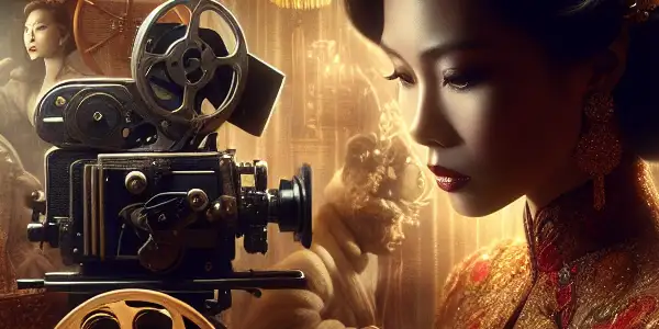 A confident actress on a movie set, surrounded by film elements, symbolizing empowerment and cultural heritage.