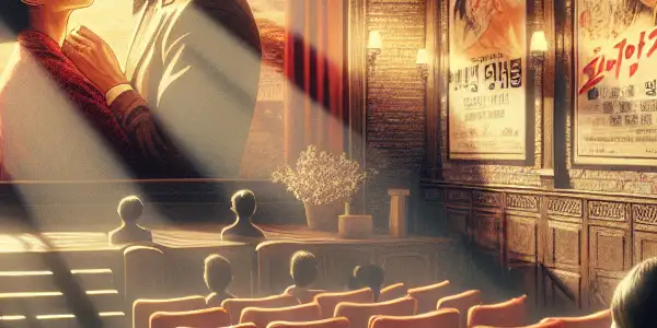 A couple watches a romantic scene in a dimly lit cinema adorned with vintage Korean erotic film posters.