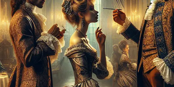 Nobles in an 18th-century French palace engage in a secretive conversation amidst opulent decor and tension.