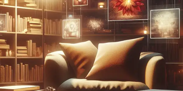 A cozy reading nook with a tablet displaying an adult novel and clips from Japanese adult films.