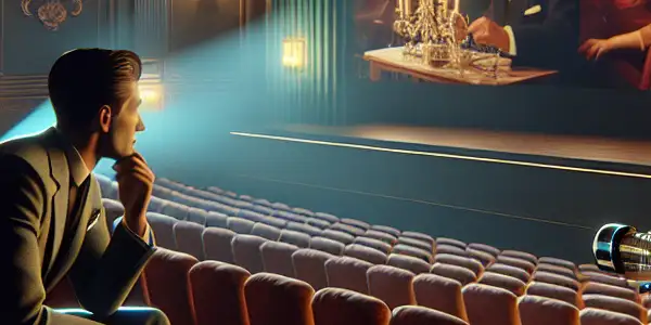 A vintage cinema scene with a sophisticated viewer captivated by a classic Japanese adult film projected on an ornate screen.