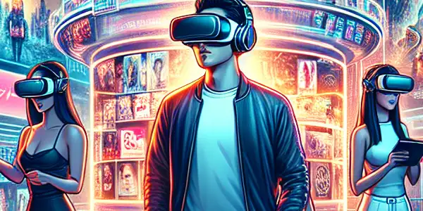 A futuristic digital marketplace showcasing diverse users engaging with VR adult films and holographic displays, emphasizing privacy and security.