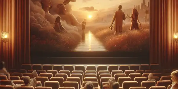 Luxurious adults-only cinema interior with plush seating, ambient lighting, and diverse viewers enjoying a film.