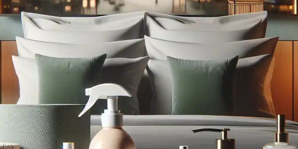 A modern, stylish bedroom scene featuring premium adult cleaning products and a tasteful adult film display, emphasizing intimacy and hygiene.