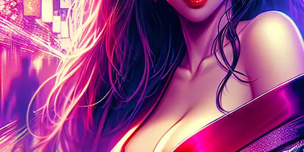 A confident female character named "娜" in a seductive outfit, set in a vibrant urban nightlife backdrop.