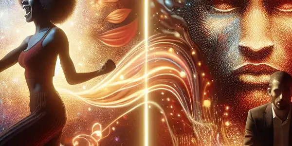 A cinematic scene depicting contrasting emotions of joy and sorrow through two characters, surrounded by playful and melancholic elements.