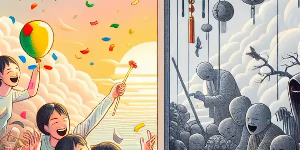 A split-screen illustration contrasting joyful celebration with sorrowful despair, highlighting the emotional dichotomy of human experiences.