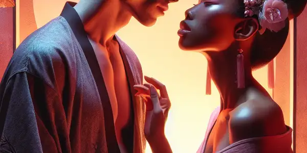 A romantic scene featuring two characters in an intimate embrace, surrounded by cherry blossoms and ethereal clouds.