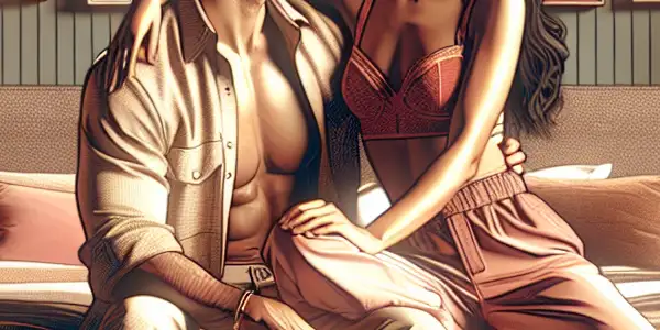 A vibrant bedroom scene featuring a couple in a playful, passionate interaction, embodying youth and sensuality.