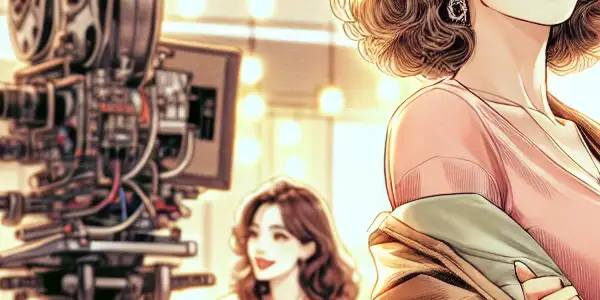 A vibrant film set featuring charismatic adult film stars engaging with the camera and crew in a glamorous atmosphere.