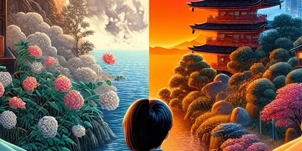 A split illustration contrasting Western romanticism with vibrant Japanese adult film themes, showcasing intimacy and cultural elements.