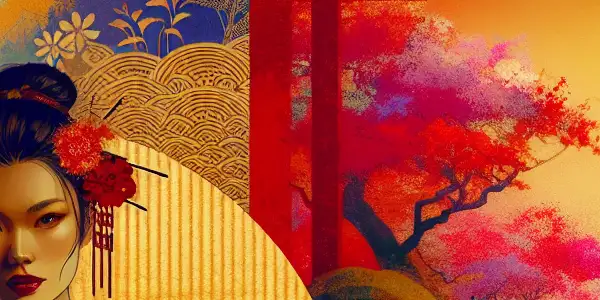 Divini Rae as a confident figure in a cherry blossom garden, blending modern and traditional Japanese attire.