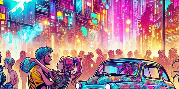 A vibrant, neon-lit cityscape at night with playful characters engaged in flirtatious interactions.