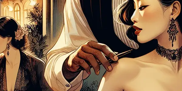 A passionate couple sharing an intimate moment in a romantic European café setting.