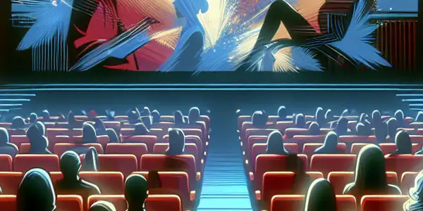 A dimly lit theater with diverse viewers captivated by abstract sensual imagery on screen, evoking intrigue and allure.