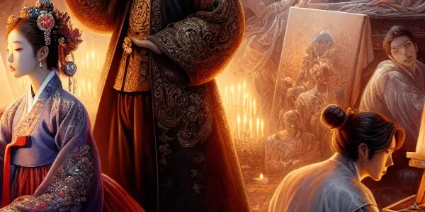 A noblewoman in hanbok experiences desire, alongside an artist and muse in an intimate, opulent palace setting.