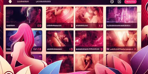 A vibrant digital interface for an adult entertainment platform featuring Japanese AV films and secure browsing elements.