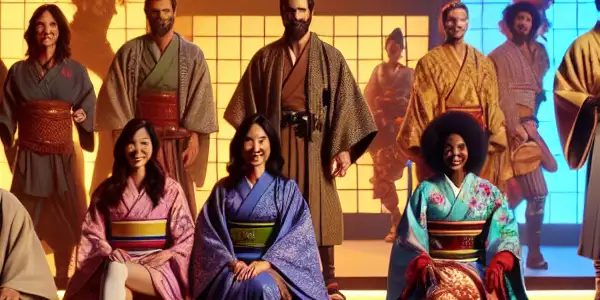 A vibrant adult entertainment studio featuring diverse performers in playful costumes, engaging in lively, interactive performances.